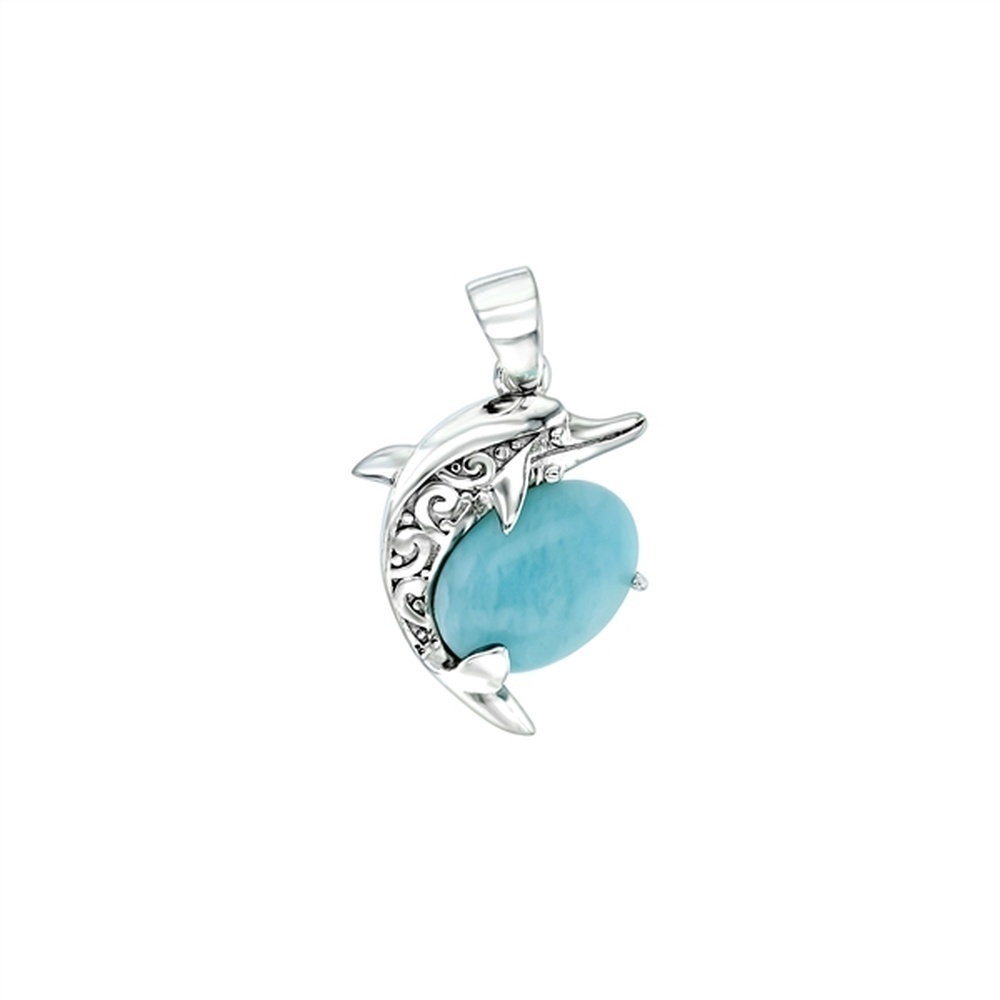925 Sterling  Silver Larimar Oval Shape Dolphin Pendant  2.8 gm